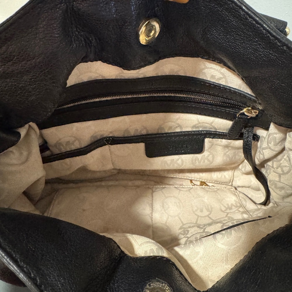 Michael Kors‎ Black Leather Satchel Shoulder Bag Gold Hardware Lock Charm - Picture 7 of 11